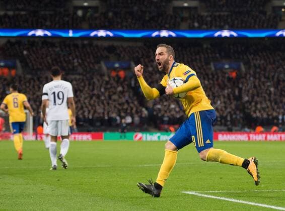 Juventus Gonzalo Gerardo Higuain celebrating after scoring during the UEFA Champions League match between Tottenham Hotspur and Juventus at Wembley Stadium, London, England on 7 March 2018. Copyright: xAndrewxAleksiejczukx PMI-1869-0026