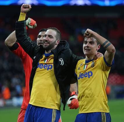 Tottenham Hotspur v Juventus UEFA Champions League Paulo Dybala of Juventus, Gonzalo Higuain of Juventus and Gianluigi Buffon of Juventus celebrate victory at the end of the UEFA Champions League match at Wembley Stadium, London Content Not Available For UK Newspapers Copyright: xPaulxChestertonx FIL-11460-0071