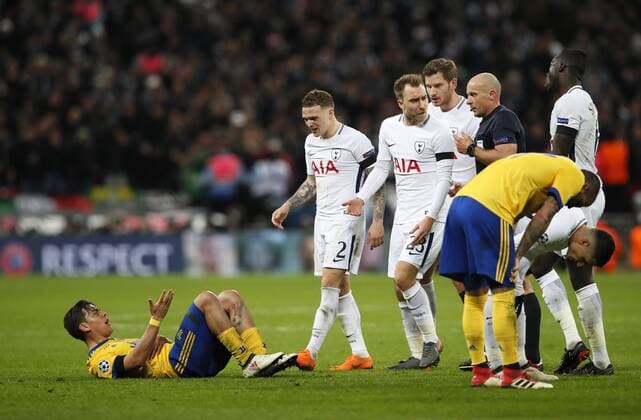 Tottenham s Kieran Trippier shouts at Paulo Dybala of Juventus during the Champions League Round of 16 match at Wembley Stadium, London. Picture date: March 7th 2018. Picture credit should read: David Klein Sportimage EDITORIAL USE ONLY. No use with unauthorised audio, video, data, fixture lists, club league logos or live services. Online in-match use limited to 120 images, no video emulation. No use in betting, games or single club league player publications.