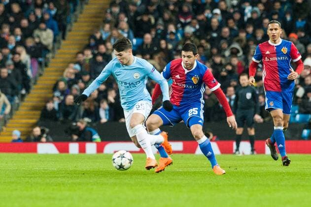 Manchester City v FC Basel UEFA Champions League Brahim Diaz of Manchester City holds the ball up ahead of Blas Riveros of Basel during the UEFA Champions League match at the Etihad Stadium, Manchester Content Not Available For UK Newspapers Copyright: xMattxWilkinsonx FIL-11459-0045