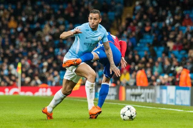 Manchester City v FC Basel UEFA Champions League Danilo of Manchester City in a tussle for the ball with Gabriel Jesus of Manchester City and during the UEFA Champions League match at the Etihad Stadium, Manchester Content Not Available For UK Newspapers Copyright: xMattxWilkinsonx FIL-11459-0048