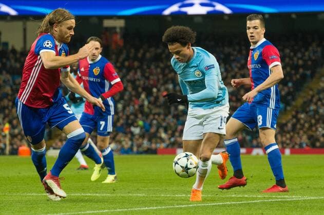 Manchester City v FC Basel UEFA Champions League Leroy San? of Manchester City bears down on Michael Lang of Basel during the UEFA Champions League match at the Etihad Stadium, Manchester Content Not Available For UK Newspapers Copyright: xMattxWilkinsonx FIL-11459-0054
