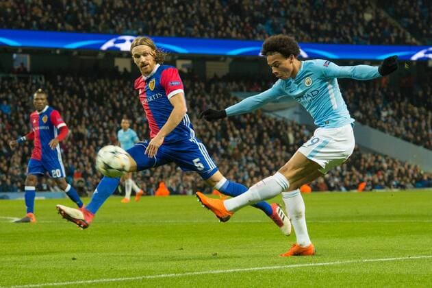 Manchester City v FC Basel UEFA Champions League Leroy San? of Manchester City gets a cross in ahead of Michael Lang of Basel during the UEFA Champions League match at the Etihad Stadium, Manchester Content Not Available For UK Newspapers Copyright: xMattxWilkinsonx FIL-11459-0056