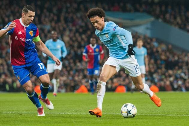 Manchester City v FC Basel UEFA Champions League Leroy San? of Manchester City takes on Marek Suchy of Basel during the UEFA Champions League match at the Etihad Stadium, Manchester Content Not Available For UK Newspapers Copyright: xMattxWilkinsonx FIL-11459-0063