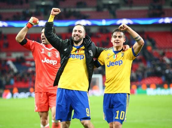 March 7, 2018 - London, England, United Kingdom - Gianluigi Buffon of Juventus FC Gonzalo Higuain of Juventus FC and celebrates they win..during UEFA Champions League Round of 16 2nd Leg match Tottenham Hotspur against Juventus at Wembley Stadium on 07 March, 2018 Tottenham Hotspur v Juventus - UEFA Champions League Round of 16: Second Leg  - ZUMAn230 20180307_zaa_n230_298 Copyright: xKieranxGalvinx