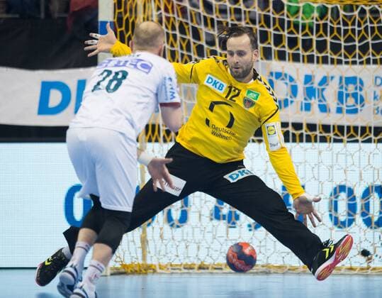Robert Weber SCM goalkeeper Silvio Heinevetter 12 B Handball DHB Pokal Season 2017 2018 Quarterfinal Fuechse Berlin SC Magdeburg in Berlin Germany on 07 03 2018