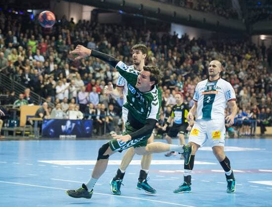 Erik Schmidt 28 B Piotr Chrapkowski 3 SCM Zeljko Musa 2 SCM Handball DHB Cup Season 2017 2018 Quarterfinal Fuechse Berlin SC Magdeburg in Berlin Germany on 07 03 2018