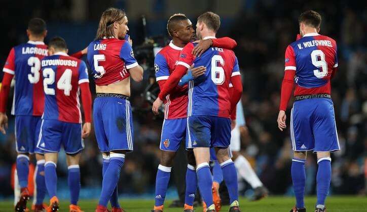 Football - 2017 2018 UEFA Champions League - Round of Sixteen, Second Leg: Manchester City (4) vs. FC Basel (0) FC Basel players celebrate at The Etihad. COLORSPORT 