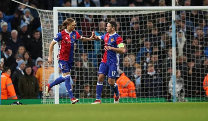 Football - 2017 2018 UEFA Champions League - Round of Sixteen, Second Leg: Manchester City (4) vs. FC Basel (0) Michael Lang of FC Basel celebrates scoring the winner at The Etihad. COLORSPORT 