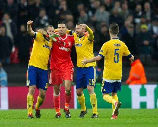 Juventus Giorgio Chiellini ; Gianluigi Buffon and Andrea Barzagli celebrating after the UEFA Champions League match between Tottenham Hotspur and Juventus at Wembley Stadium, London, England on 7 March 2018. Copyright: xAndrewxAleksiejczukx PMI-1869-0032