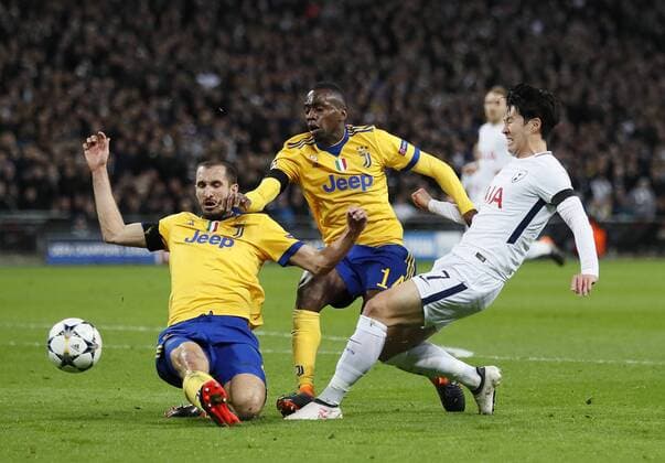Tottenham s Heung-Min Son tussles with Juventus Giorgio Chiellini and Blaise Matuidi during the Champions League Round of 16 match at Wembley Stadium, London. Picture date: March 7th 2018. Picture credit should read: David Klein Sportimage EDITORIAL USE ONLY. No use with unauthorised audio, video, data, fixture lists, club league logos or live services. Online in-match use limited to 120 images, no video emulation. No use in betting, games or single club league player publications.