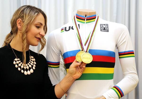 Reception Kristina Vogel 07 03 18 Erfurt Haus Dacheröden Reception for the world champion and Olympic champion in the track bike Kristina Vogel in the picture Kristina Vogel with her gold medals from the world championship in Appeldorn