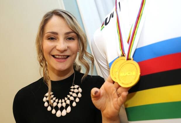 Reception Kristina Vogel 07 03 18 Erfurt Haus Dacheröden Reception for the world champion and Olympic champion in the track bike Kristina Vogel in the picture Kristina Vogel with her gold medals from the world championship in Appeldorn