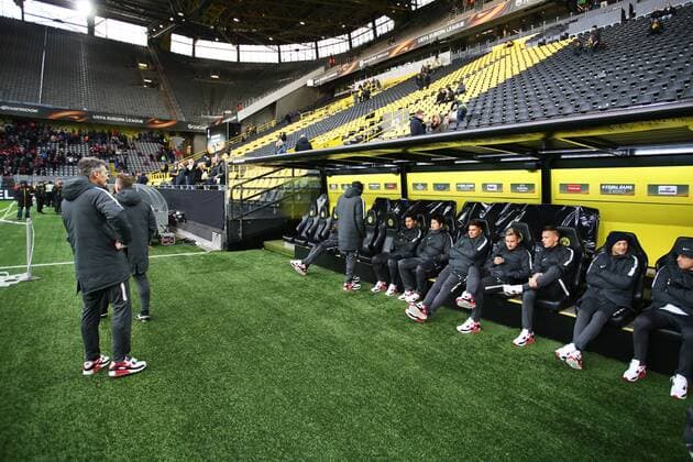 SOCCER - EL, Dortmund vs RBS DORTMUND,GERMANY,08.MAR.18 - SOCCER - UEFA Europa League, last sixteen, Borussia Dortmund vs Red Bull Salzburg. Image shows the bench of RBS. GEPAxpictures xMathiasxMandl