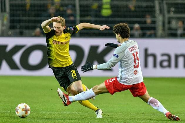 GER 1 FBL Borussia Dortmund vs RB Salzburg 08 03 2018 Signal Iduna Park Dortmund GER 1 FBL Borussia Dortmund vs. RB Salzburg in the picture v left in a duel Andre Schuerrle Schürrle 21 Borussia Dortmund Andre Ramalho 15 RB Salzburg nph Mauelshagen nph00321