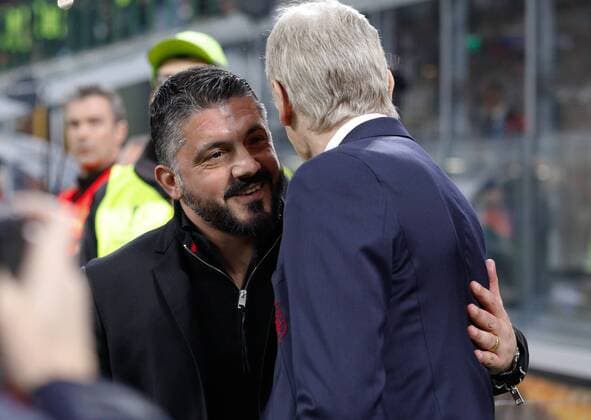 Rino Gattuso Manager of Ac Milan and Arsene Wenger manager of Arsenal during the UEFA Europa League Round of 16 match between AC Milan and Arsenal at Stadio San Siro, Milan, Italy on 8 March 2018. Copyright: xRobertoxBreganix 19210001