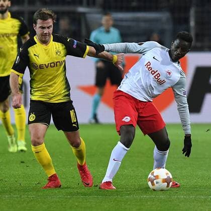 Soccer Europa League Round of 16 Borussia Dortmund FC Salzburg on 08 03 2018 at Signal Iduna Park in Dortmund Mario Götze Dortmund on the left Amadou Haidara Salzburg on the right xRx