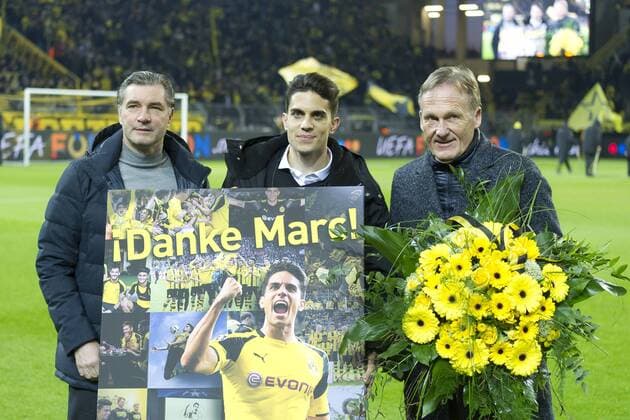Dortmund Germany 08 03 2018 UEFA Europa League 2017 18 Season Round of 16 Borussia Dortmund Red Bull Salzburg Sporting Director Michael Zorc BVB Marc Bartra and Managing Director Hans Joachim Watzke BVB DeFodi053