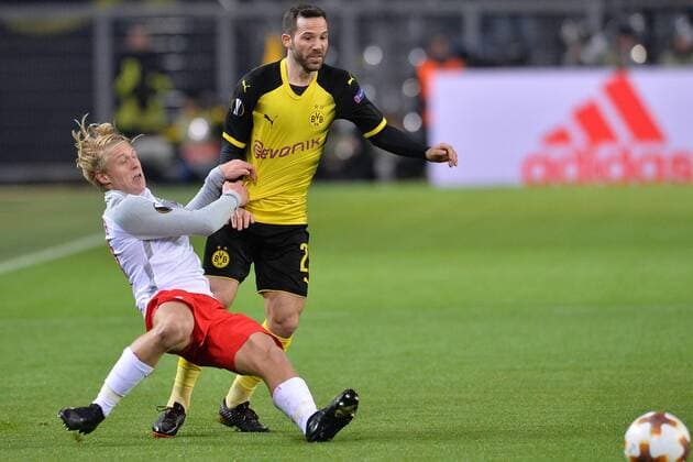 Soccer Europa League Round of 16 Borussia Dortmund FC Salzburg on 08 03 2018 at Signal Iduna Park in Dortmund Xaver Schlager Salzburg on the left Gonzalo Castro Dortmund on the right xTTx