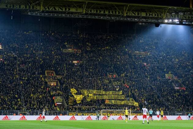 Fans of Borussia Dortmund with banner Once Europes top sights now the stadium is minimized Red Bull gives illusions in the Europa League Round of 16 between Borussia Dortmund and FC Salzburg on 08 03 2018 Dortmund Copyright: xSchuelerx xEibnerx-xPressefotox EP_JSE