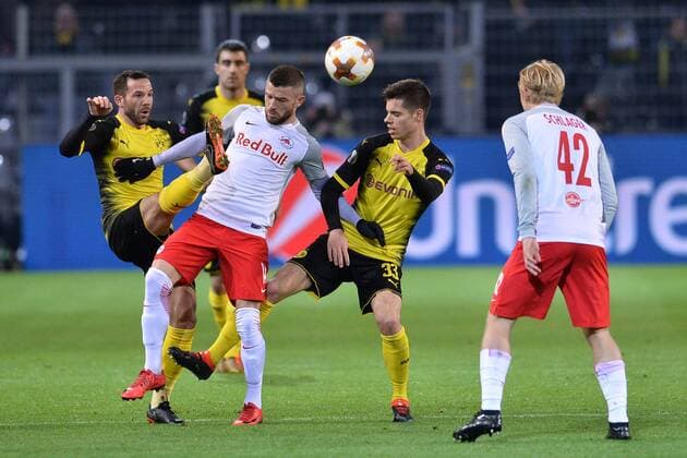 Soccer Europa League Round of 16 Borussia Dortmund FC Salzburg on 08 03 2018 at Signal Iduna Park in Dortmund Gonzalo Castro Dortmund left Valon Berisha Salzburg center Julian Weigl Dortmund right xTTx