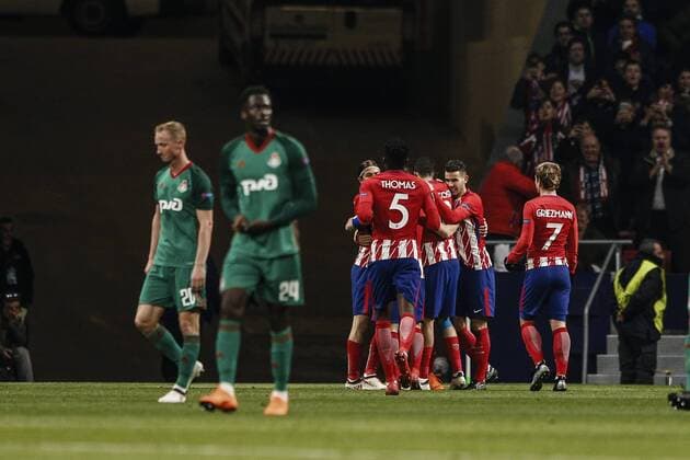 8th March 2018, Wanda Metropolitano, Madrid, Spain; UEFA Europa League football, round of 16, 1st leg, Atletico Madrid versus Lokomotiv& xa0;Moscow; Saul Niguez (Atletico de Madrid) celebrates his goal which made it (1,0)  ActionPlus11999249