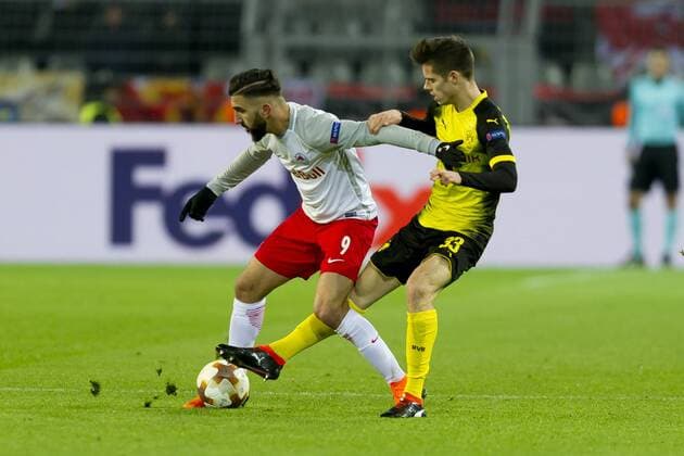 Dortmund Germany 08 03 2018 UEFA Europa League 2017 18 Season Round of 16 Borussia Dortmund Red Bull Salzburg Munas Dabbur RBS and Julian Weigl BVB in a duel DeFodi053