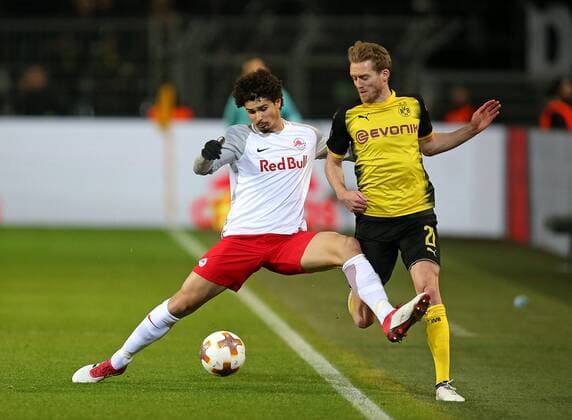 08 03 2018 Football UEFA Europa League 2017 2018 Round of 16 Borussia Dortmund RB Salzburg in Signal Iduna Park Dortmund v Andre Ramalho RB Salzburg against Andre Schürrle Dortmund