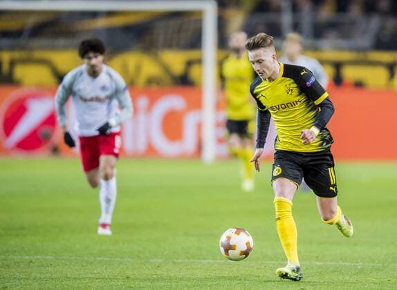 Football UEFA Europa League EL Season 2017 2018 Eighth finals Borussia Dortmund RB Salzburg in Dortmund North Rhine Westphalia Dortmunds Marco Reus runs with the ball on his foot Copyright: xKirchner DavidxInderliedx