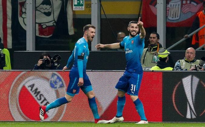 Aaron Ramsey of Arsenal celebrates his goal with Sead Kolasinac of Arsenal during the UEFA Europa League Round of 16 match between AC Milan and Arsenal at Stadio San Siro, Milan, Italy on 8 March 2018. Copyright: xRobertoxBreganix 19210026