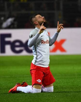 08 03 2018 xjhx Football Europe League Borussia Dortmund RB Salzburg emspor v Valon Berisha FC Red Bull Salzburg celebrate the goal Torjubel to 0 1 Dortmund
