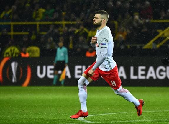 08 03 2018 xjhx Football Europe League Borussia Dortmund RB Salzburg emspor v Valon Berisha FC Red Bull Salzburg celebrate the goal Torjubel to 0 1 Dortmund
