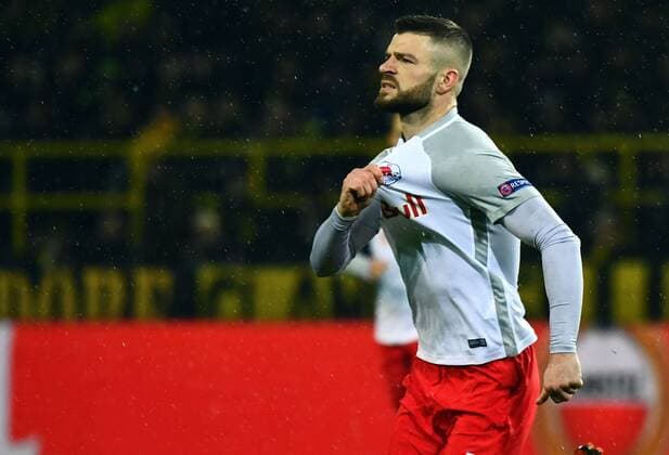 08 03 2018 xjhx Football Europe League Borussia Dortmund RB Salzburg emspor v Valon Berisha FC Red Bull Salzburg celebrate the goal Torjubel to 0 1 Dortmund