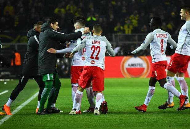 08 03 2018 xjhx Football Europe League Borussia Dortmund RB Salzburg emspor v Valon Berisha FC Red Bull Salzburg celebrate the goal Torjubel to 0 1 Dortmund