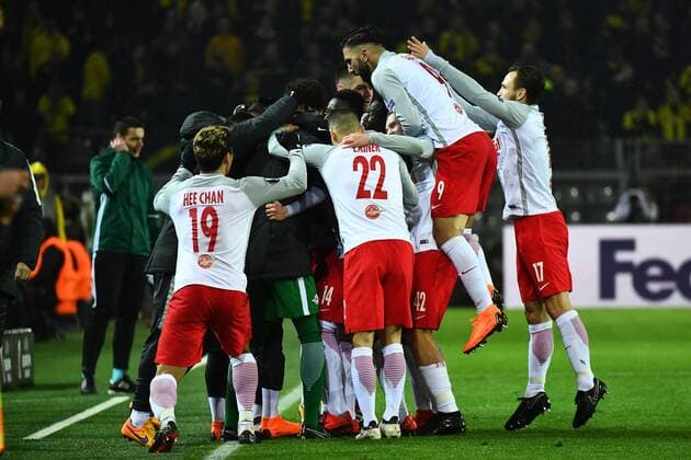 08 03 2018 xjhx Football Europe League Borussia Dortmund RB Salzburg emspor v Valon Berisha FC Red Bull Salzburg celebrate the goal Torjubel to 0 1 Dortmund