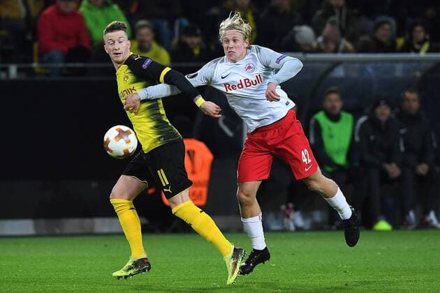 Football Europa League Round of 16 Borussia Dortmund FC Salzburg on 08 03 2018 at Signal Iduna Park Dortmund Marco Reus Dortmund on the left Xaver Schlager Salzburg on the right xRx