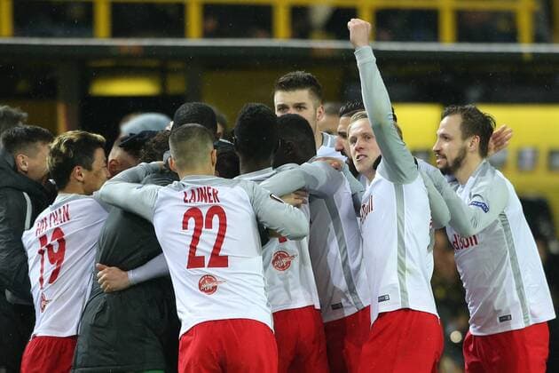 SOCCER - EL, Dortmund vs RBS DORTMUND,GERMANY,08.MAR.18 - SOCCER - UEFA Europa League, last sixteen, Borussia Dortmund vs Red Bull Salzburg. Image shows the rejoicing of RBS. GEPAxpictures xMathiasxMandl