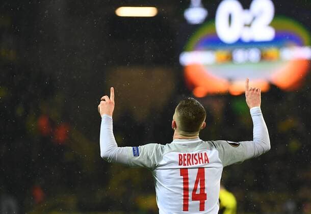 08 03 2018 xjhx Soccer Europa League Borussia Dortmund RB Salzburg emspor v Valon Berisha FC Red Bull Salzburg celebrate the goal Torjubel to 0 2 Dortmund