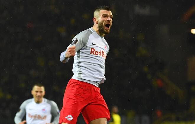08 03 2018 xjhx Soccer Europa League Borussia Dortmund RB Salzburg emspor v Valon Berisha FC Red Bull Salzburg celebrate the goal Torjubel to 0 2 Dortmund