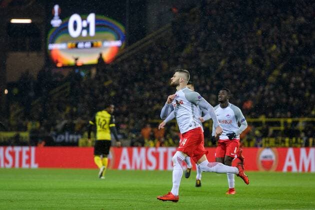 Valon Berisha FC Salzburg 14 scored for goal after 1 0 at Europa League Round of 16 between Borussia Dortmund and FC Salzburg on 08 03 2018 Dortmund Copyright: xSchuelerx xEibnerx-xPressefotox EP_JSE