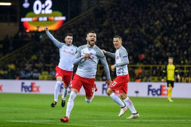 vl Duje Caleta Car FC Salzburg 5 Valon Berisha FC Salzburg 14 and Stefan Lainer FC Salzburg 22 at goal celebrations after the goal for 2 0 at the Europa League Round of 16 between Borussia Dortmund and FC Salzburg at 08 03 2018 Dortmund Copyright: xSchuelerx xEibnerx-xPressefotox EP_JSE