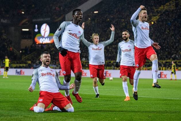 Valon Berisha FC Salzburg 14 Duje Caleta Car FC Salzburg 5 Amadou Haidara FC Salzburg 4 Munas Dabbur FC Salzburg 9 and Stefan Lainer FC Salzburg 22 scored the only goal of the Europa League Round of 16 between Borussia Dortmund and FC Salzburg on 08.03 2018 Dortmund Copyright: xSchuelerx xEibnerx-xPressefotox EP_JSE