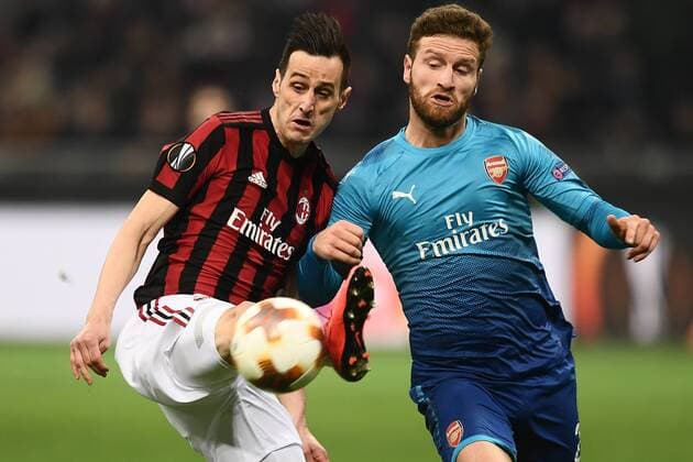 Themen der Woche - SPORT Bilder des Tages - SPORT Mg Milano 08 03 2018 - Europa League Milan-Arsenal foto Matteo Gribaudi Image nella foto: Nikola Kalinic-Shkodran Mustafi 
