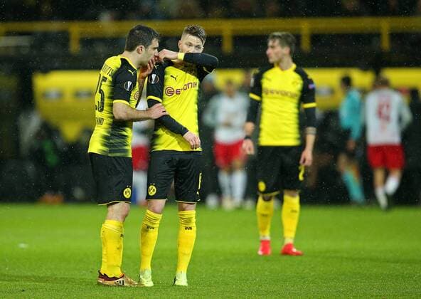 08 03 2018 Football UEFA Europa League 2017 2018 Eighth finals Borussia Dortmund RB Salzburg at Signal Iduna Park Dortmund v l Sokratis Papastathopoulos Dortmund and Marco Reus Dortmund