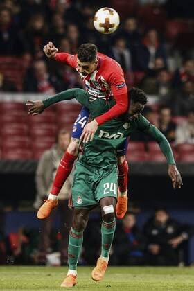 8th March 2018, Wanda Metropolitano, Madrid, Spain; UEFA Europa League football, round of 16, 1st leg, Atletico Madrid versus Lokomotiv Moscow; Jose Maria Gimenez (Atletico de Madrid) wins the header from Eder (Lokomotiv)  ActionPlus11999271