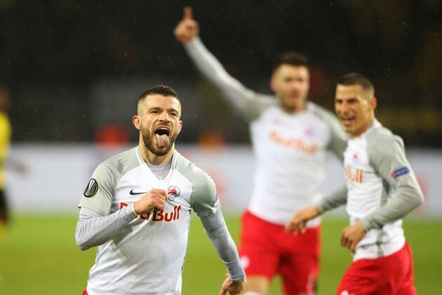 SOCCER - EL, Dortmund vs RBS DORTMUND,GERMANY,08.MAR.18 - SOCCER - UEFA Europa League, last sixteen, Borussia Dortmund vs Red Bull Salzburg. Image shows the rejoicing of Valon Berisha (RBS). GEPAxpictures xMathiasxMandl