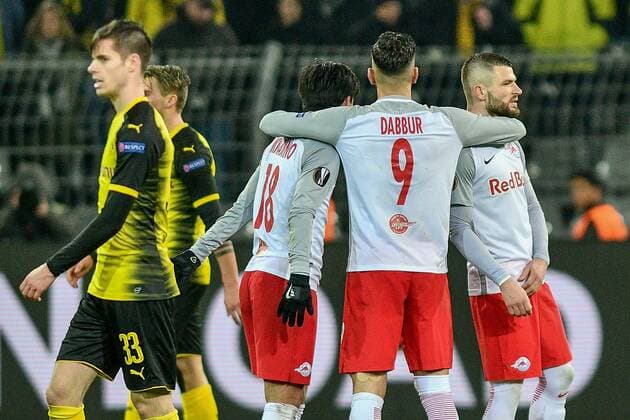 GER 1 FBL Borussia Dortmund vs RB Salzburg 08 03 2018 Signal Iduna Park Dortmund GER 1 FBL Borussia Dortmund vs RB Salzburg pictured by the Salzburg team Final Cheers Final Cheers Emotion Joy nph Mauelshagen nph00321