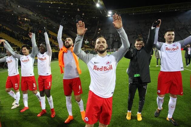 SOCCER - EL, Dortmund vs RBS DORTMUND,GERMANY,08.MAR.18 - SOCCER - UEFA Europa League, last sixteen, Borussia Dortmund vs Red Bull Salzburg. Image shows the rejoicing of RBS. GEPAxpictures xMathiasxMandl