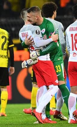 08 03 2018 xjhx Football Europe League Borussia Dortmund RB Salzburg emspor v Valon Berisha FC Red Bull Salzburg Alexander Walke FC Red Bull Salzburg celebrate rejoicing after the match has ended