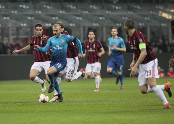 March 8, 2018 - Milan, Italy - Jack Wilshere during the first leg of the round 16 of the UEFA Europa League 2017 18 between AC Milan and Arsenal FC at Giuseppe Meazza stadium on 08 March, 2018 in Milan, Italy. AC Milan v Arsenal - UEFA Europa League Round of 16: First Leg  - ZUMAn230 20180308_zaa_n230_272 Copyright: xLorisxRosellix
